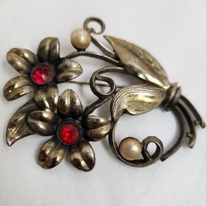 Large Vintage Floral Red Rhinestone Brooch